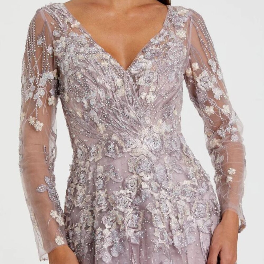 Mac Duggal Dress 20402 - Lilac Embroidered Lace Long Sleeve A-Line Gown Size 8